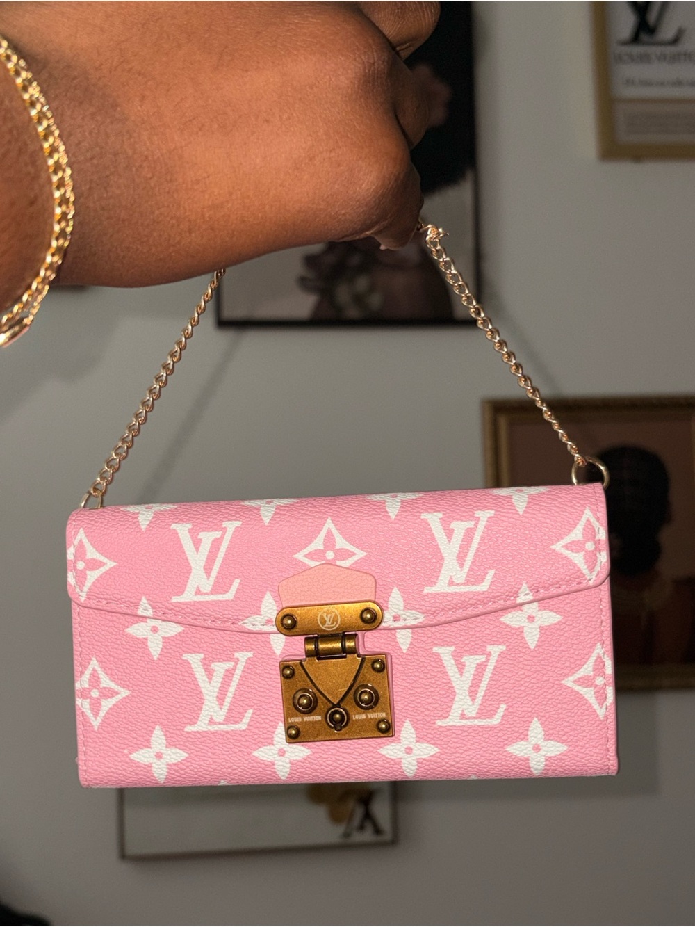 Louis Vuitton Pink & White Monogram Mini Chain Wallet iPhone 16 plus phone case